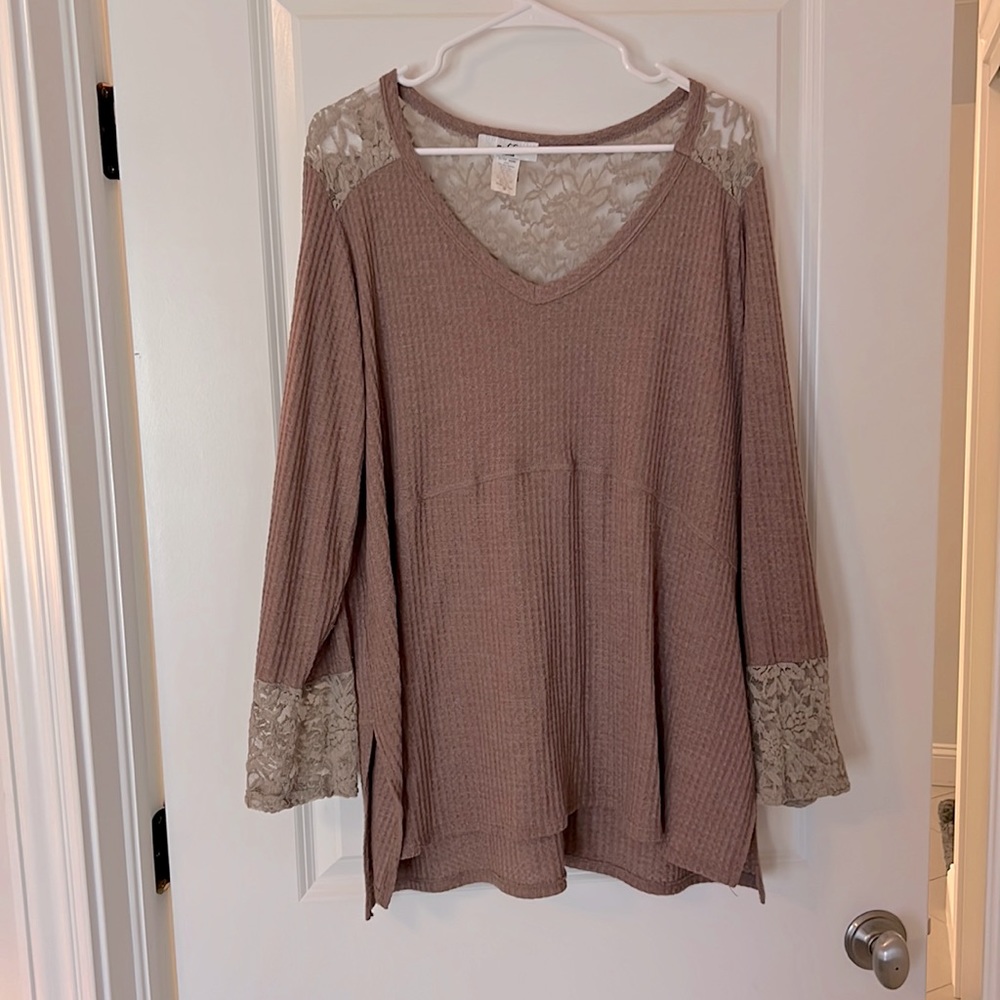 Moa Moa waffle sweater with lace detail in taupe/brown, size 3X (fits 2X)
